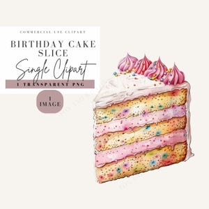 Könnte beinhalten: Aquarell-Illustration eines Geburtstagskuchenstücks. Der Kuchen hat Schichten aus gelbem und rosa Zuckerguss, verziert mit rosa Zuckergusswirbeln und bunten Streuseln. Der Text "BIRTHDAY CAKE SLICE Single Clipart" ist enthalten.