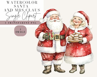 サンタとミセス クラウスのクリップアート、水彩画スタイル、透明な