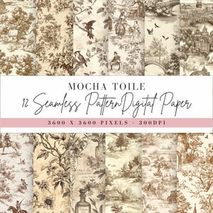 Papel digital Mocha Toile, impressão marrom francesa, arte em estilo aquarela, PNG de uso comercial, design de chinoiserie, floral vintage sem costura