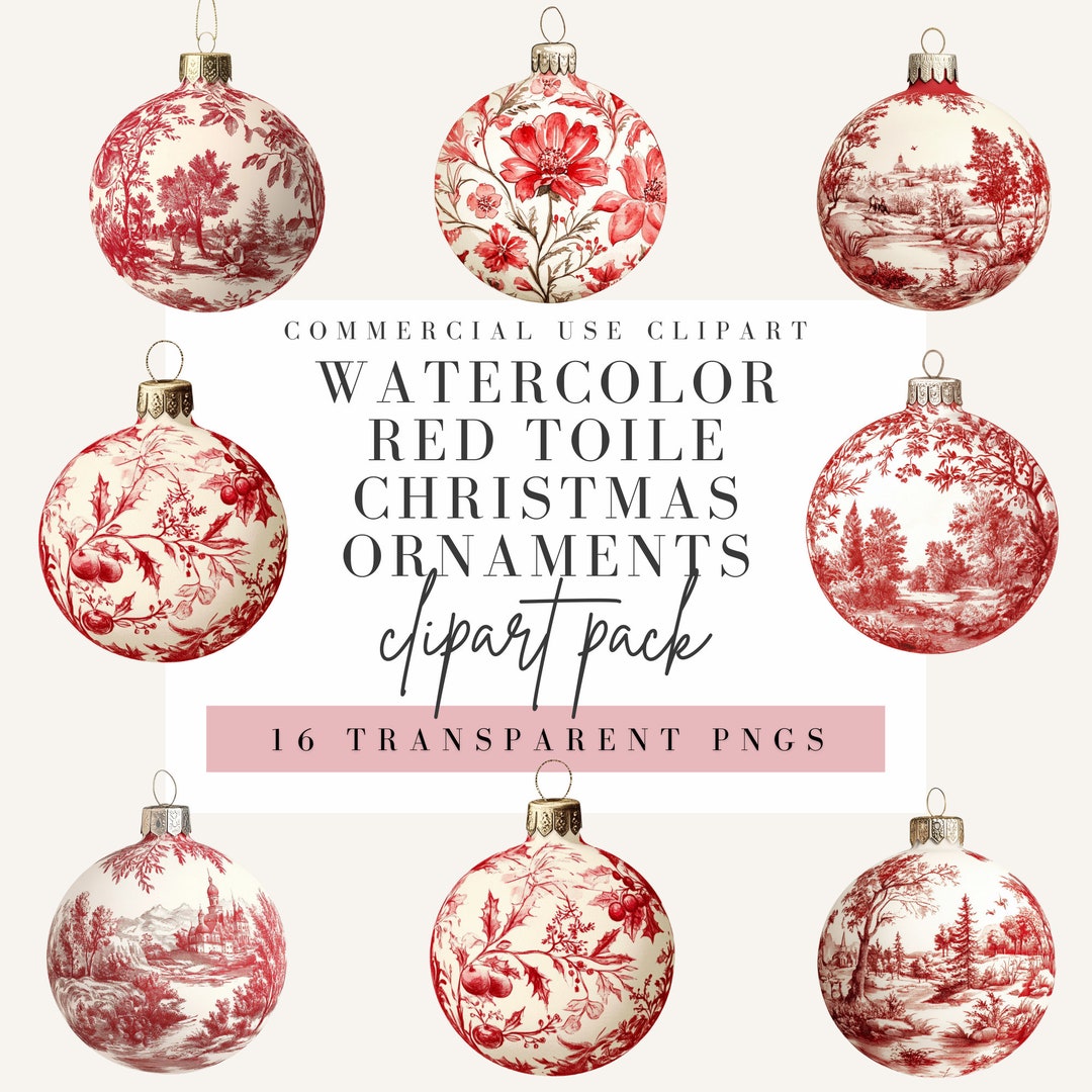 Red Toile Christmas Ornaments Clipart, Watercolor Style, Transparent ...