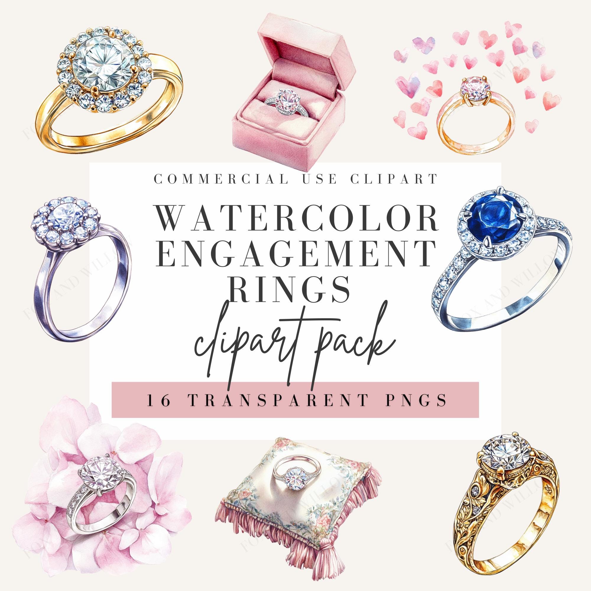 Engagement Rings Clipart, Watercolor Style, Diamond Ring Clip Art, Gold ...