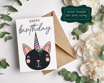 5x7 Black Cat Birthday Card - Instant Download