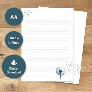 Digitales Briefpapier A4 Pusteblume, Briefpapier zum Download, Briefpapier zum Ausdrucken, Briefpapier liniert, Briefpapier unliniert