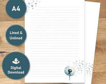 Digitales Briefpapier A4 Pusteblume, Briefpapier zum Download, Briefpapier zum Ausdrucken, Briefpapier liniert, Briefpapier unliniert