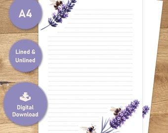 Digital writing paper A4 lavender, writing paper for download, writing paper for printing, writing paper lined, writing paper unlined