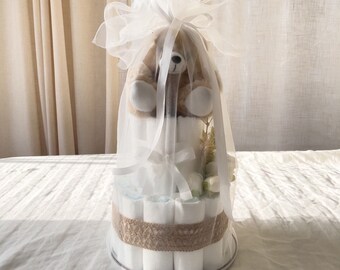 Diaper Cake 2 Tier Handmade Special Baby Shower Gift Beige & White Color