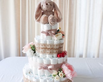 Diaper Cake 4 Tier Handmade Special Baby Shower Gift Beige & White Color