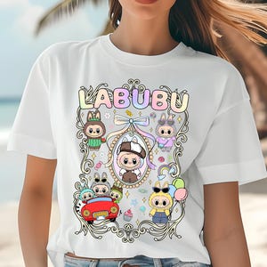 Camiseta de Labubu Coquette, camiseta de muñecas kawaii de dibujos animados, camiseta de anime, camiseta de personaje de dibujos animados de Labubu, camiseta colorida de Labubu, camiseta del escuadrón de Labubu