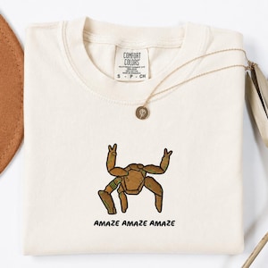 May include: A cream-colored t-shirt featuring a brown, multi-legged creature graphic with the text "AMAZE AMAZE AMAZE" printed below. The shirt has a Comfort Colors brand label at the neck, indicating size S, and is paired with a gold-toned pendant necklace.