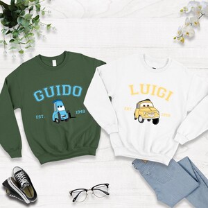 Mcqueen Sally Couple Sweatshirt, Cartoon Cars Characters Crewneck, Car Movie Sweatshirt, Mater Luigi Guido Doc, Personalized Friend Gift