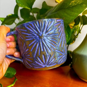 Bohemian Floral Ceramic Mug - Violet Coffee and Tea Cup for Boho Aesthetic - Kitchen Décor
