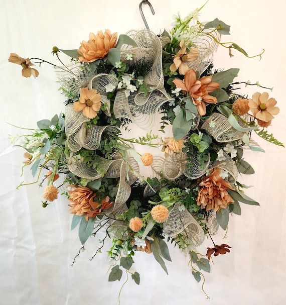 Everyday Wreath with Beautiful Soft Peach Flowers and Green Foliage