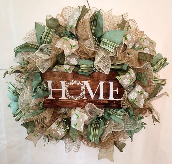 All Season Wreath in Neutral Colors with a Cute HOME Sign