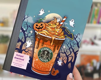 Halloween Starbies Composition Notebook Cover PNG inspired Frappuccino bats