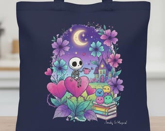 Pastel Goth Skeleton Tote Bag | Whimsical Spooky Cute Witchy Book Bag | Magical Night Garden Skeleton Art Gift | Eco-Friendly Reusable Tote