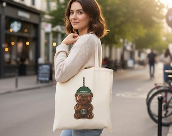 Starbies Bearista Drink Tote Bag | Cute Aesthetic Coffee Lover Gift | Retro Honey Bottle Graphic Tee | Minimalist Unisex Viral tiktok