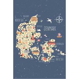 Carte du Danemark - oeuvre d'art murale illustrée pour enfants - affiche de voyage éducative - décoration de salle de jeux - jolie carte