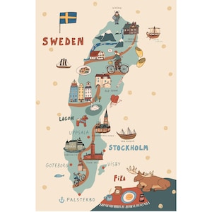 Carte de la Suède - oeuvre d'art murale illustrée pour enfants - affiche de voyage éducative - décoration de salle de jeux - jolie carte