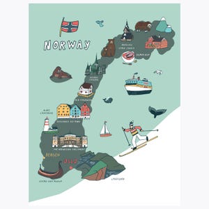 Carte de la Norvège - oeuvre d'art murale illustrée pour enfants - affiche de voyage éducative - décoration de salle de jeux
