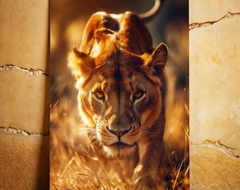 Lioness Poster - Hunting Lioness in Savannah Print - Animal Wall Art - Wildlife Photography - Home Decor
