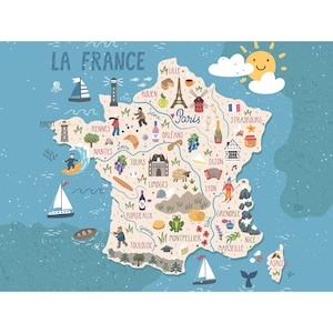 Karte von Frankreich - Illustrierte Kinderwandkunst - Bildungsreiseposter - Spielzimmerdekor - Niedliche Karte