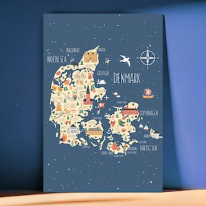 Carte du Danemark - oeuvre d'art murale illustrée pour enfants - affiche de voyage éducative - décoration de salle de jeux - jolie carte