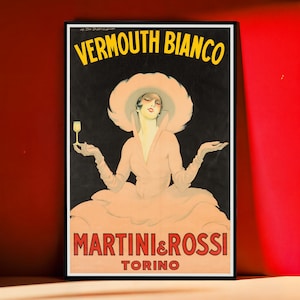 May include: Vintage advertisement poster for Vermouth Bianco Martini & Rossi, featuring a woman in a large hat and dress, holding a glass of vermouth. The poster has a black background with yellow and red text.