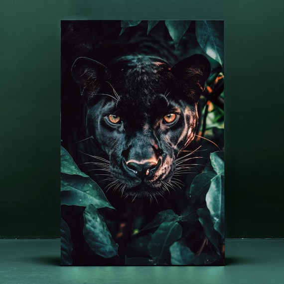 Panther Poster - Black Panther in Leaves Print - Wildlife Photography - Wall Art - Home Decor