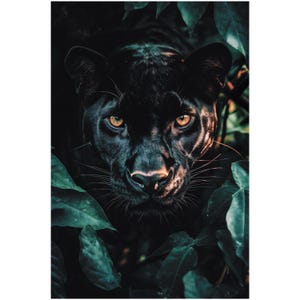 May include: A striking portrait of a black panther, its intense yellow eyes piercing through lush green foliage. The panther's dark fur contrasts with the vibrant leaves, creating a dramatic and captivating image. The artwork evokes a sense of mystery and the beauty of wildlife.
