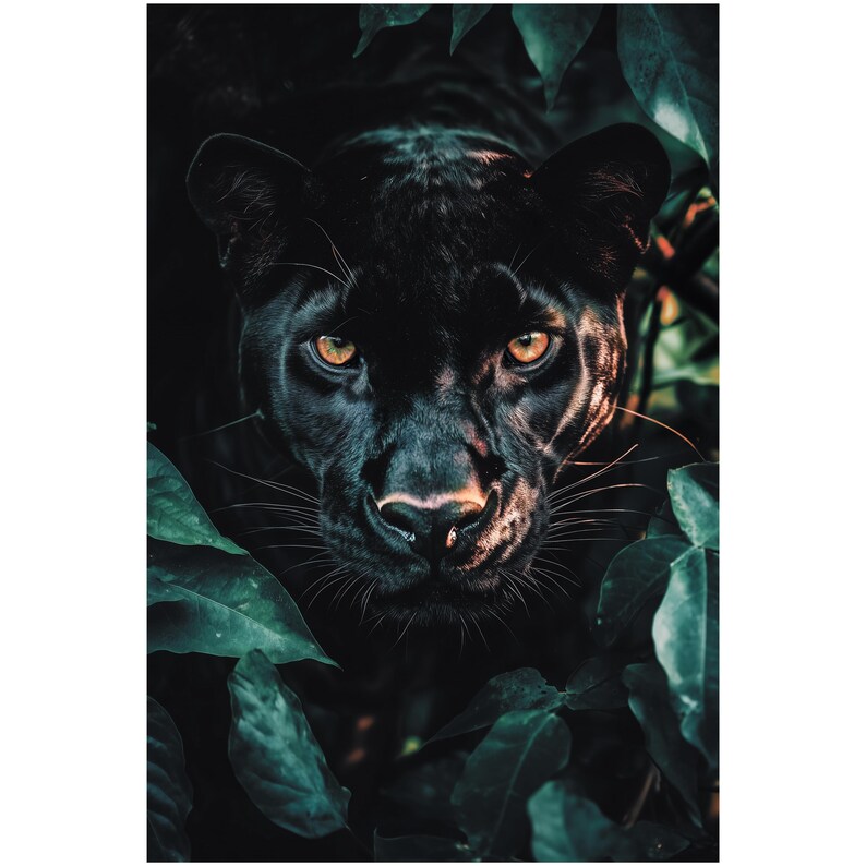May include: A striking portrait of a black panther, its intense yellow eyes piercing through lush green foliage. The panther's dark fur contrasts with the vibrant leaves, creating a dramatic and captivating image. The artwork evokes a sense of mystery and the beauty of wildlife.