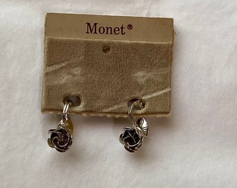 Vintage Monet Silver Rose Clip On Earrings