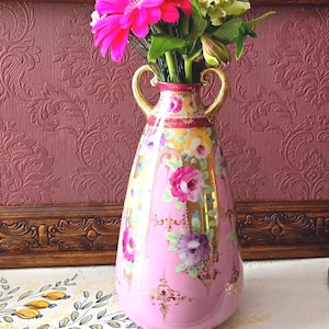Vintage pink, floral and gold Nippon style vase - unmarked.