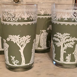Set of 4 Green 1940&#39;s Jeannette glass company Grecian &quot;Wedgwood Jasperware&quot; glasses- Classic Wedgwood design in a functional glass!