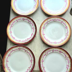 May include: Six white porcelain plates with a pink floral border and gold trim. The plates have a red outer rim and are arranged on a marble surface. The plates are a set.