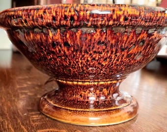 Vintage Midcentury tortoise glaze rolled rim pedestal bowl.