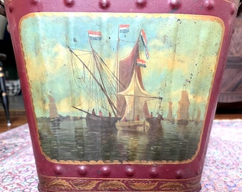 Rare 1800's antique Victorian era painted toleware coal scuttle box with nautical scenes.