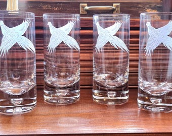 Etched Pheasant Collins Glasses – Lorraine Coyle Crystal, Heavy Bottom