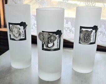 Set of 3 vintage African safari frosted collins glasses, Elephant, Leopard and Lion.
