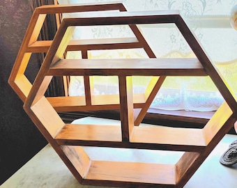 Vintage pair of 6-sided reclaimed rustic wood shelves.