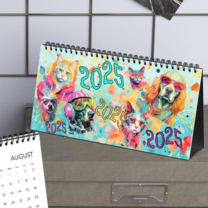 2025 Dog and Cat Retro Costume Dress up Desktop Calendar , Retro Monthly Desk Calendar, Cats and Dogs 2025 Calendar
