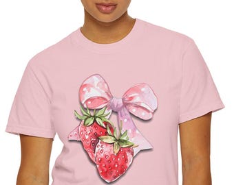 Strawberry Heart Pink Bow T-shirt | Watercolor Fruit Illustration