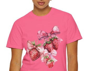 Watercolor Strawberry Bunch T-Shirt | Pink Bow Fruit Illustration