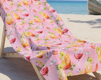 Watercolor Tropical Fruit Pattern Beach Towel | Pink Peach Lemon Print