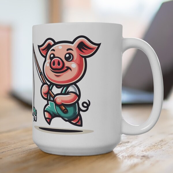 Cartoon Graphic Pig gone Fishing Coffee Mug 15oz Gift for Her Gift for Him Coffee Cup