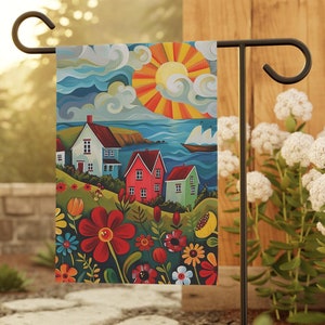 Banner, Folk Art Outdoor Decor, Garden & House Flag, Vibrant Colors, Spring Summer Yard Sign, Holiday Gift, Summertime, Sun and Water
