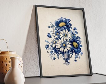 Flowers in a Vase Posters with Wooden Frame Home Decor Delft Art in a Frame Gift for Mom Gift for Her Decor for Home WallHanging Art Framed