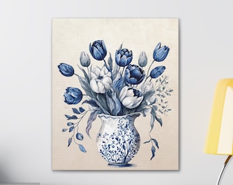 Delft Blue Vase with Blue and White Flowers, Beautiful Home Decor with Delft Blue Vase on Canvas