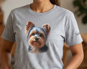 Personalized Yorkshire Terrier Portrait T-Shirt | Realistic Yorkie Face Tee, Name on sleeve of pet.
