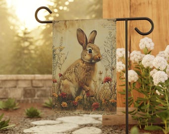 Vintage Bunny Illustration Garden Flag | Rabbit Floral Banner