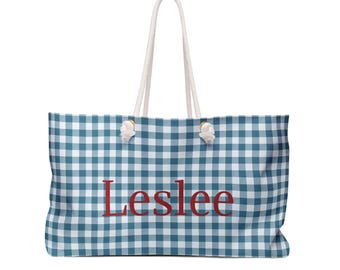 Blue Gingham Weekender Bag | Personalized Name Option